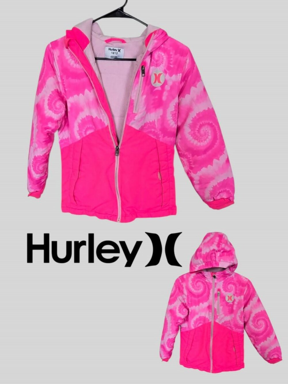 HURLEY X Pink Hooded Ski Winter Snow Tie Dye Pattern Jacket Girls 10-12